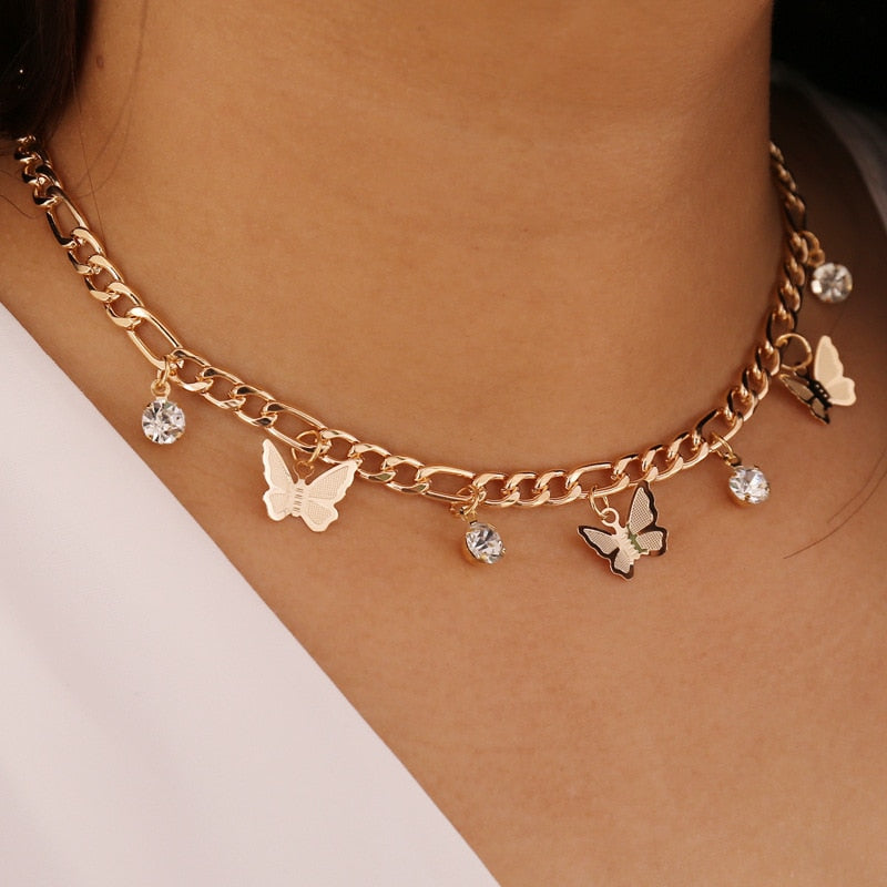 Alloy Double-Layer Clavicle Chain Butterfly Dangle Necklace