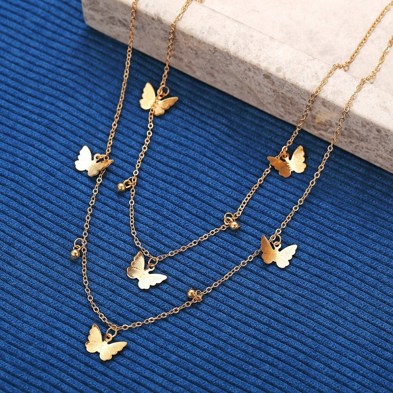 Alloy Double-Layer Clavicle Chain Butterfly Dangle Necklace