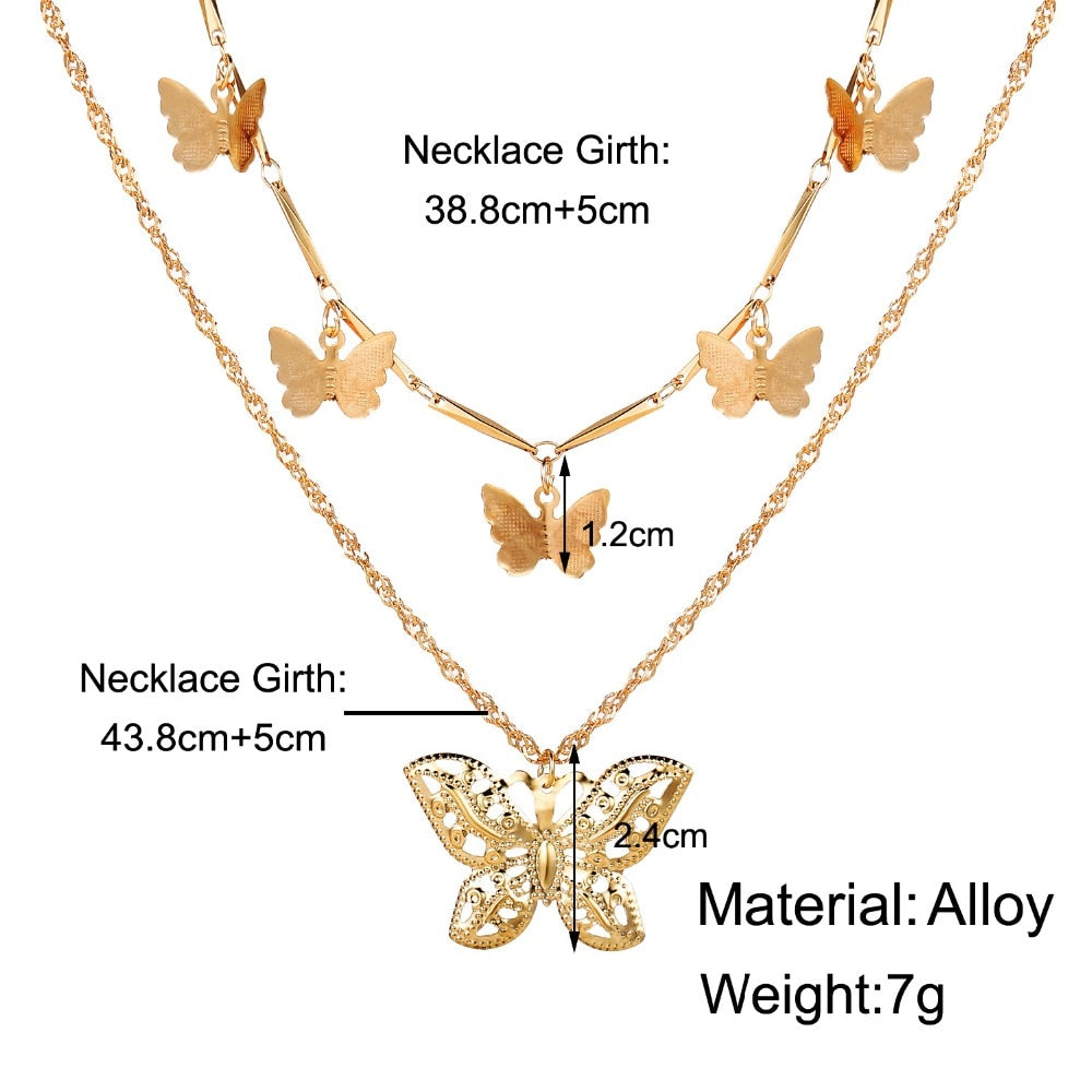Alloy Double-Layer Clavicle Chain Butterfly Dangle Necklace