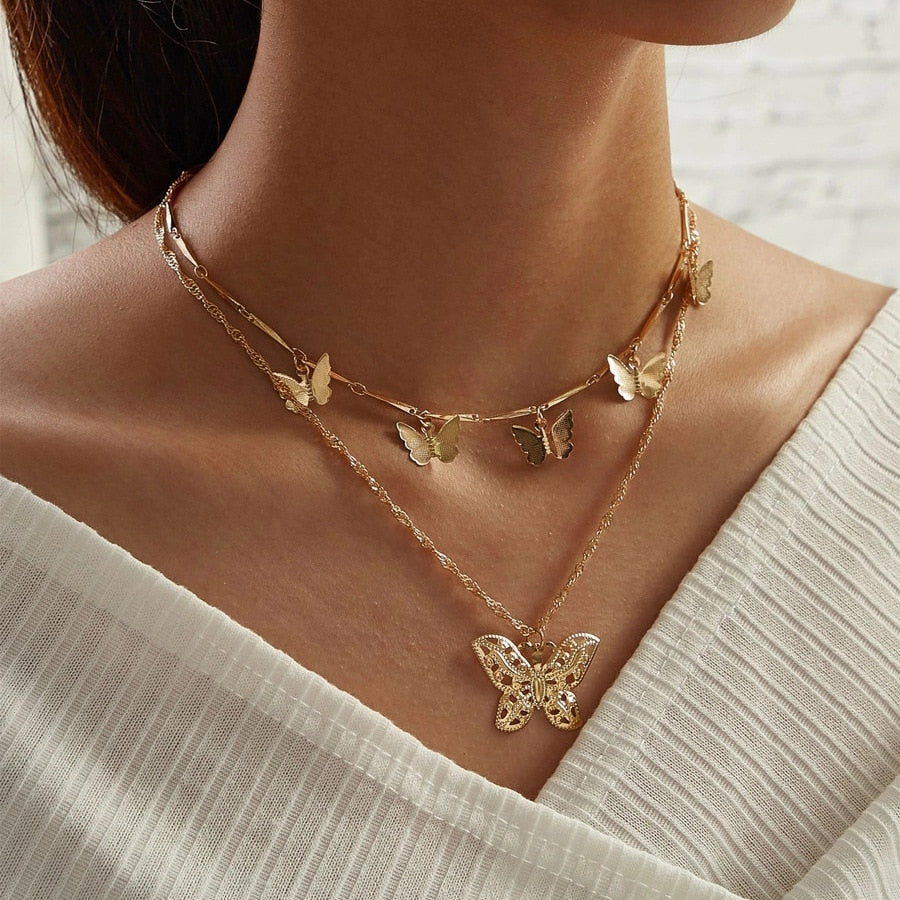 Alloy Double-Layer Clavicle Chain Butterfly Dangle Necklace