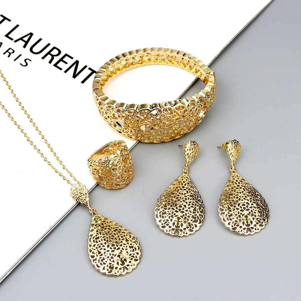 Gold Color Metal Arab  Hollow Bangle Earring Necklace Ring Jewelry Set