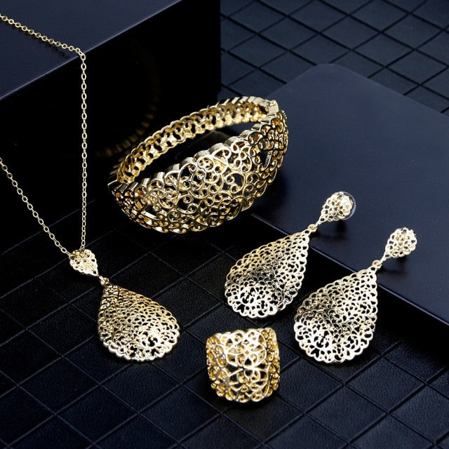 Gold Color Metal Arab  Hollow Bangle Earring Necklace Ring Jewelry Set
