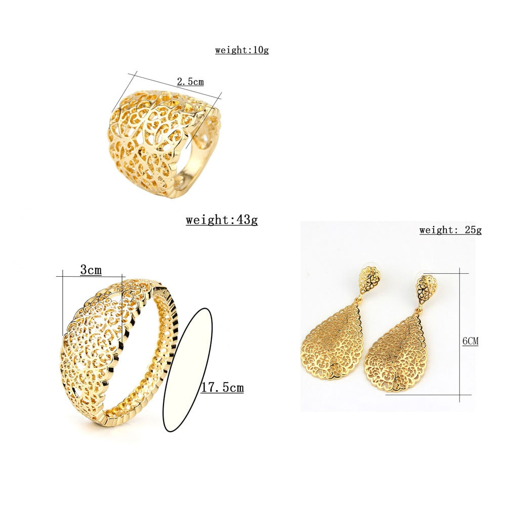 Gold Color Metal Arab  Hollow Bangle Earring Necklace Ring Jewelry Set