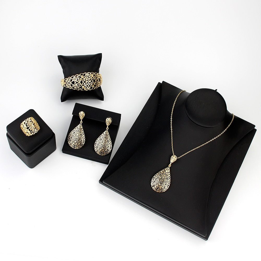 Gold Color Metal Arab  Hollow Bangle Earring Necklace Ring Jewelry Set