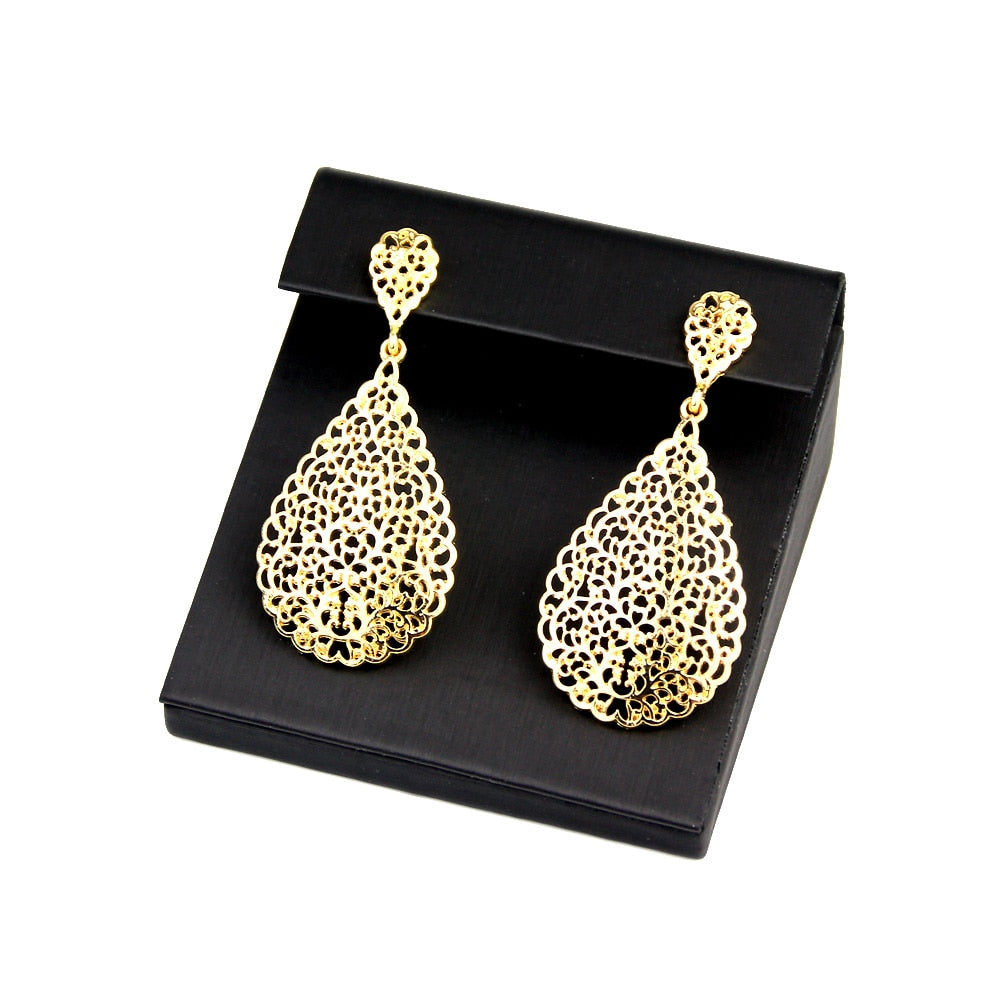 Gold Color Metal Arab  Hollow Bangle Earring Necklace Ring Jewelry Set