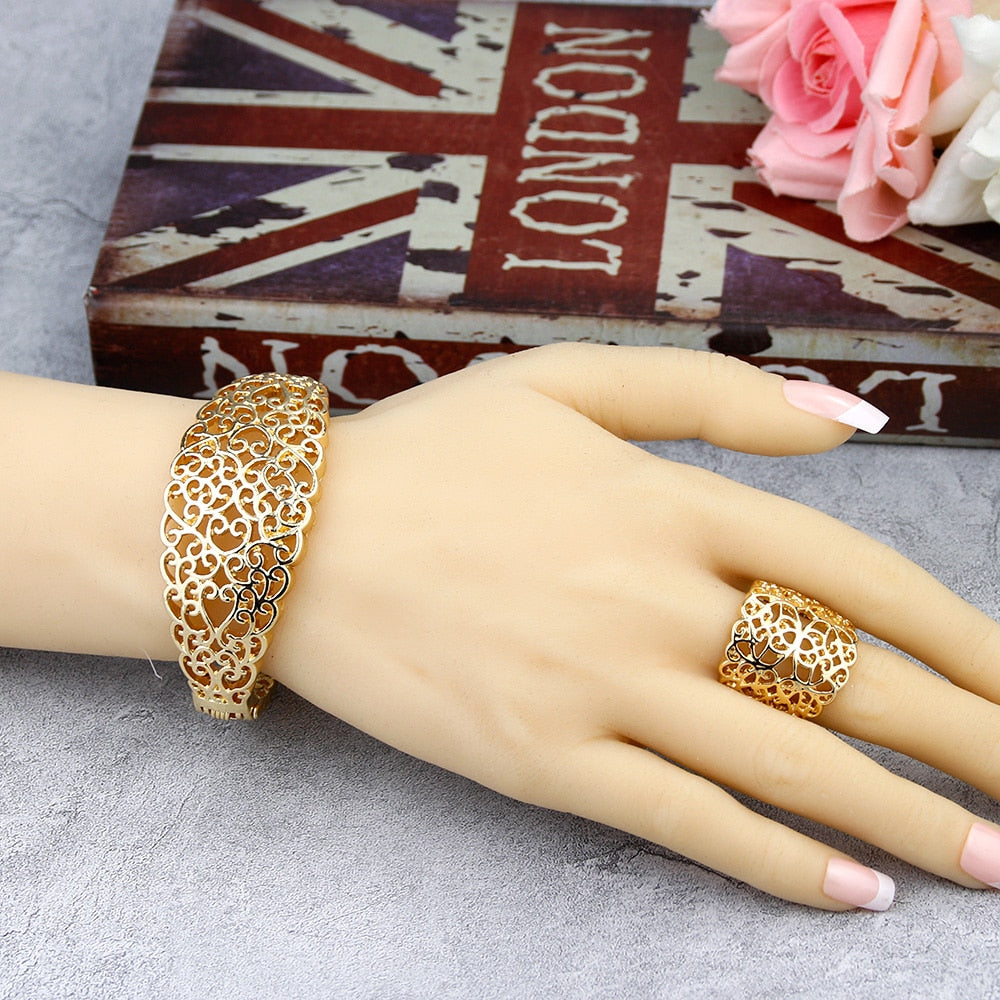 Gold Color Metal Arab  Hollow Bangle Earring Necklace Ring Jewelry Set
