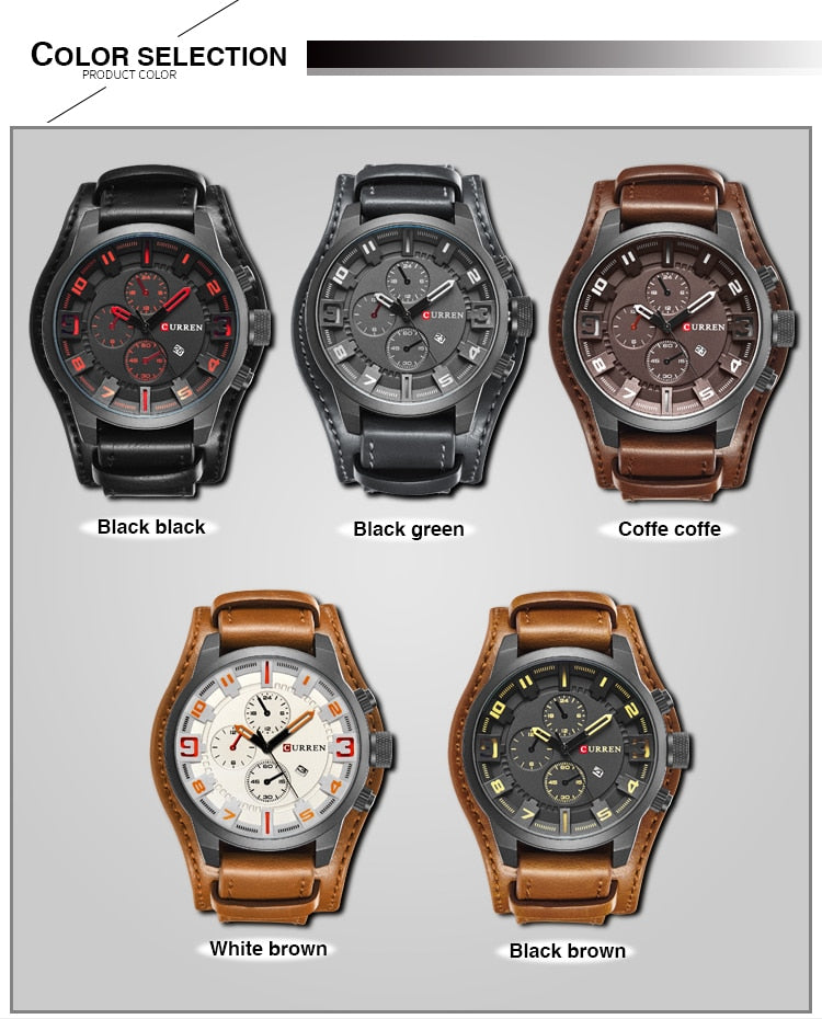 Male Clocks Date Sport Military Clock Leather Strap Quartz Men Watch