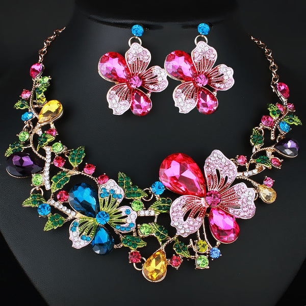 Fashion Wedding Jewelry Color Crystal Rhinestones Necklace Earrings set