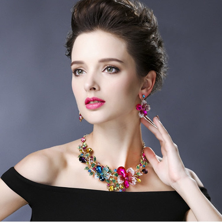 Fashion Wedding Jewelry Color Crystal Rhinestones Necklace Earrings set