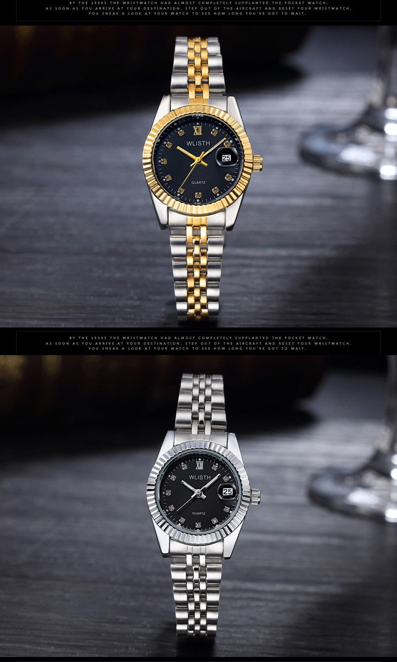 Gold Stainless Steel Wristwatch Luxury Women Waterproof