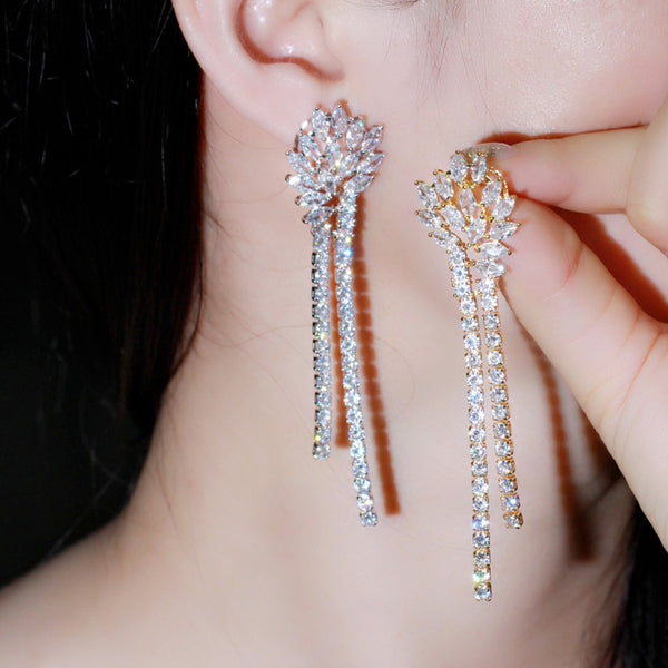 Fashion Shiny Crystal Silver Color Elegant Long Round CZ Tassel Drop Dangle Earrings