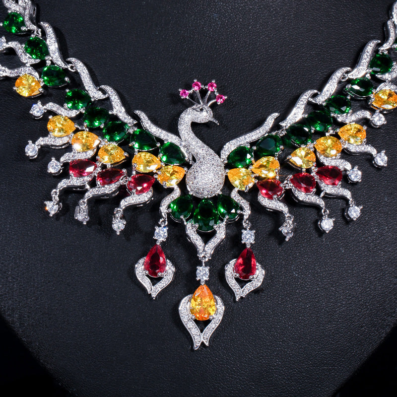Luxurious Big Statement Peacock Shape AAA+ Multicolor Cubic Zirconia Necklace and Earrings  Jewelry Sets
