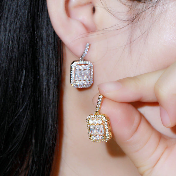 Shiny White Cubic Zircon Topaz Pure 925 Silver Square Drop Engagement Party Dangle Earrings