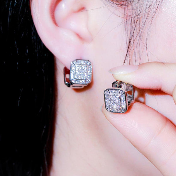 Chic Shiny Cubic Zirconia Crystal Big Square Silver Color Stud Earrings