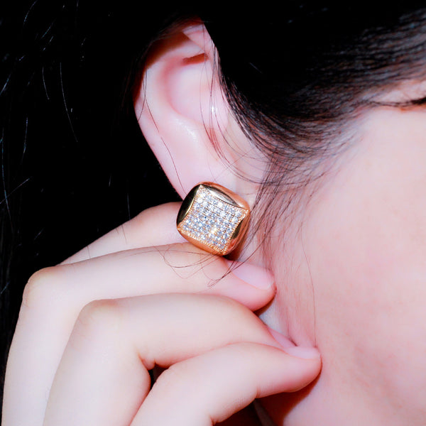 Classic Square Shape Micro Cubic Zirconia Paved Big 585 Gold Color Stud Earrings