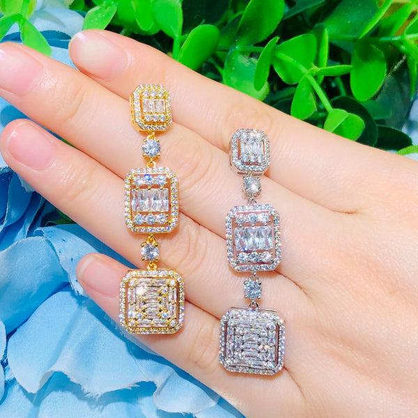Classic Princess Cut Cubic Zirconia Topaz 925 Silver Long Dangling Square Drop Earrings