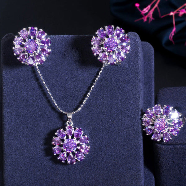 Romantic Purple Amethyst CZ Topaz Round Flower Shape Silver 925 Necklace Earrings Jewerly set