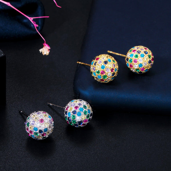 Delicate Multi Rainbow Ball African Cubic Zirconia Yellow Gold Cute Stud Earring