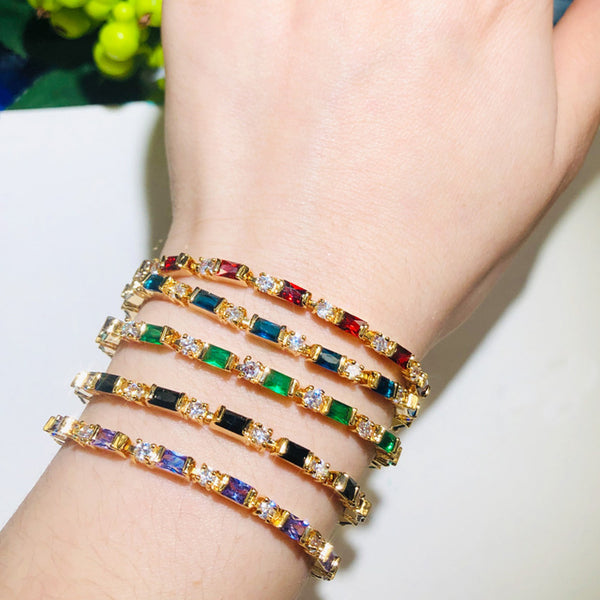 Delicate Square Cut Red Cubic Zirconia Ladies Shiny Gold Color Thin Round Bangles Bracelets