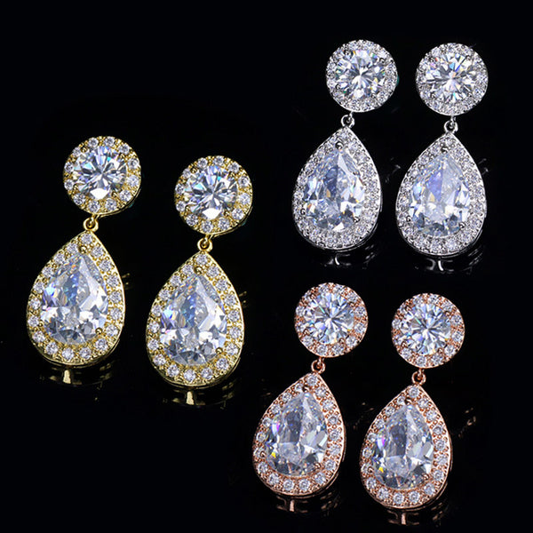 Glittering AAA Cubic Zirconia Round Circle Water Drop Dangle Earrings