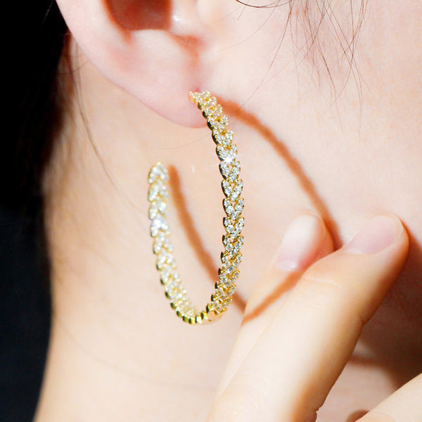 585 Gold Color Sparkling Cubic Zirconia Luxury  Hoop Earings