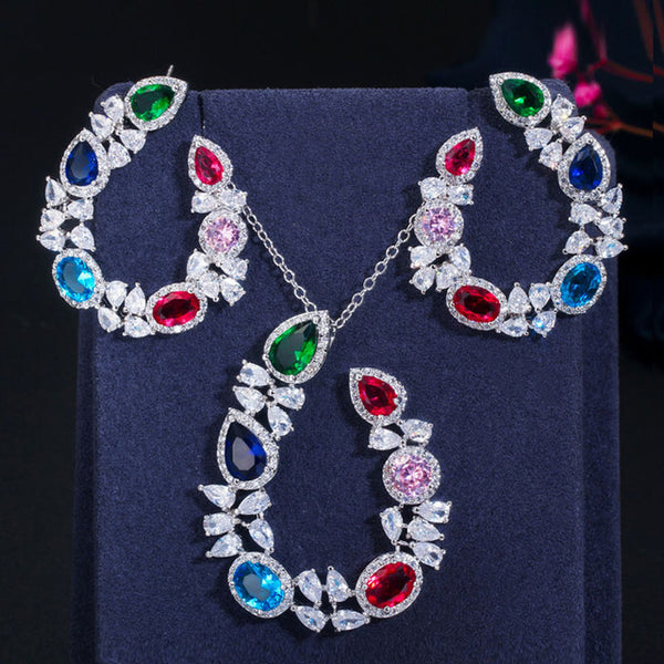 Conjunto de pendientes y collares colgantes de cristal de circonita cúbica con gotas de agua multicolor