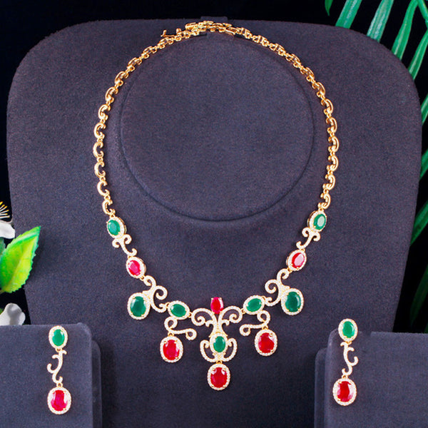 Conjunto de collar y pendientes para mujer con circonitas cúbicas ovaladas, color oro real, estilo clásico verde y rojo
