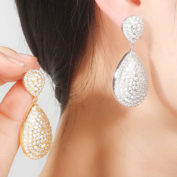 Nigerian Full Shiny Yellow Gold Big Water Drop Cubic Zirconia Hanging Earrings