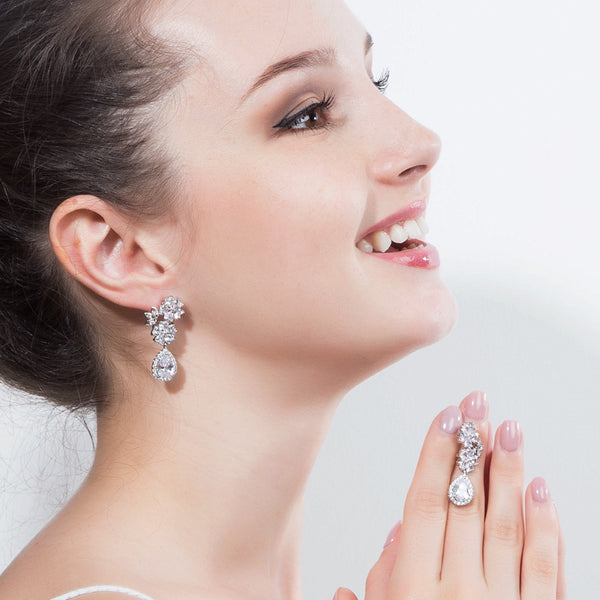 Big Flower Silver Color Long Dangle Dropping Cubic Zirconia Earrings