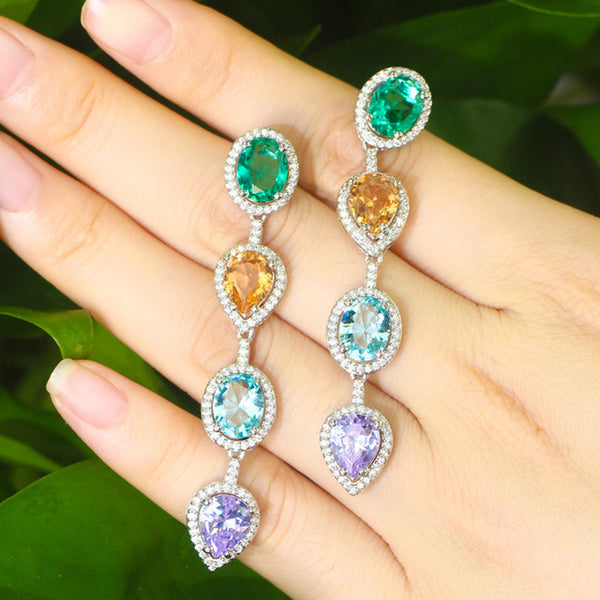 Lovely Green Purple Cubic Zirconia Long Dangling Round and Water Drop Earrings