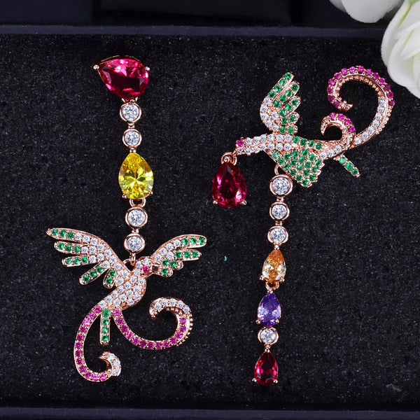Pendientes colgantes únicos de oro rosa con circonitas cúbicas coloridas y forma de pájaro grande para mujer