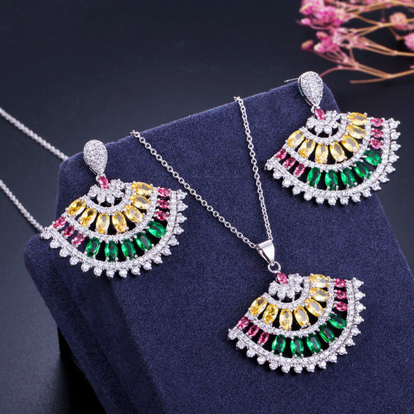Fashion Matte Green Emerald Crystal 2Pcs Big Sector Shape Drop Earrings and Necklace Set