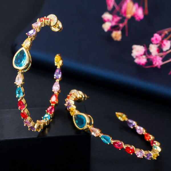 Colorful Water Drop Light Bule CZ Crystal 585 Gold Color Thin Circle Hoop Earrings