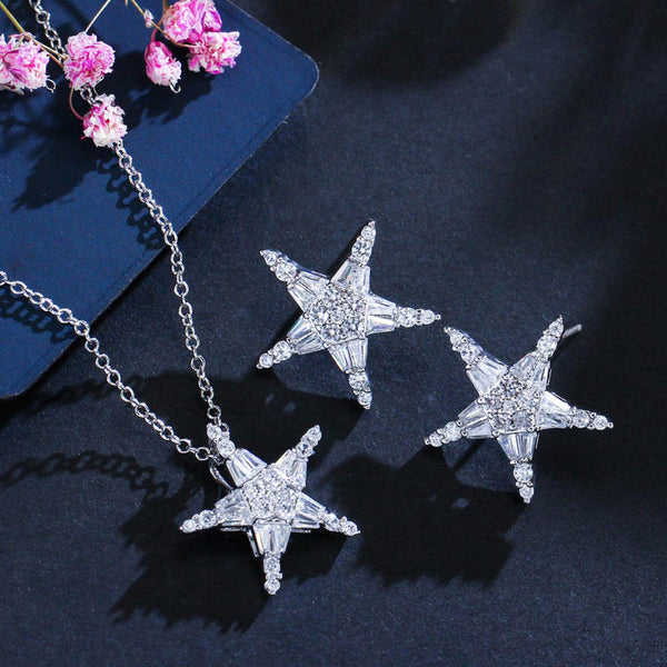Collar y pendientes con colgante en forma de estrella de cristal CZ transparente AAA en color plata