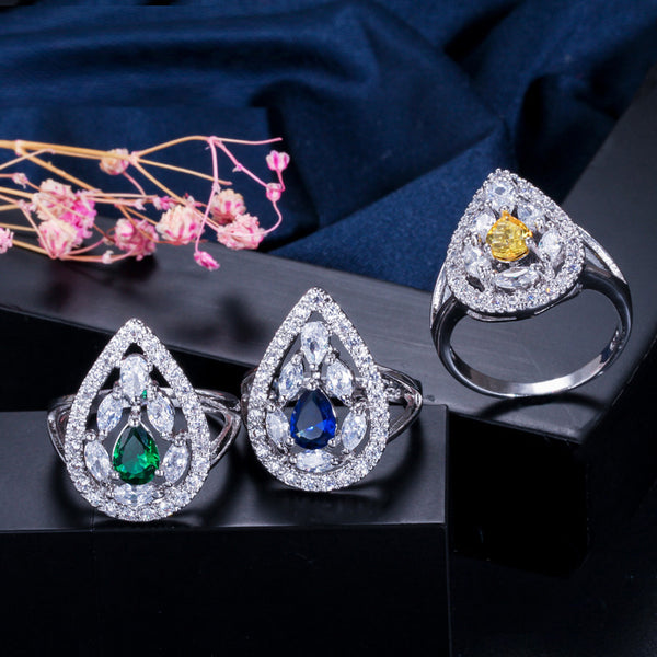 Anillos de compromiso con corte de pera grande para mujer, de cristal amarillo, 3 colores a elegir