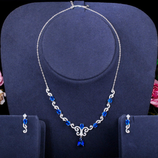 Conjunto de collar y pendientes con diseño de gota de agua para mujer, para fiesta de boda, color azul real y circonita cúbica.
