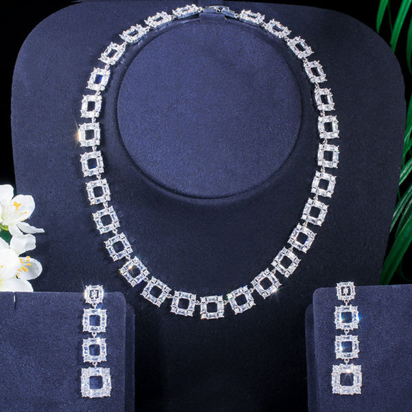 Conjuntos de joyas con aretes largos y collares de cadena con diseño geométrico de circonita cúbica hueca cuadrada blanca