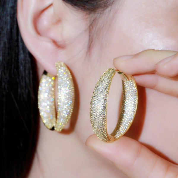 Big Round Circle Micro Full CZ Zircon Pave Indian Gold Color Hoop Earrings