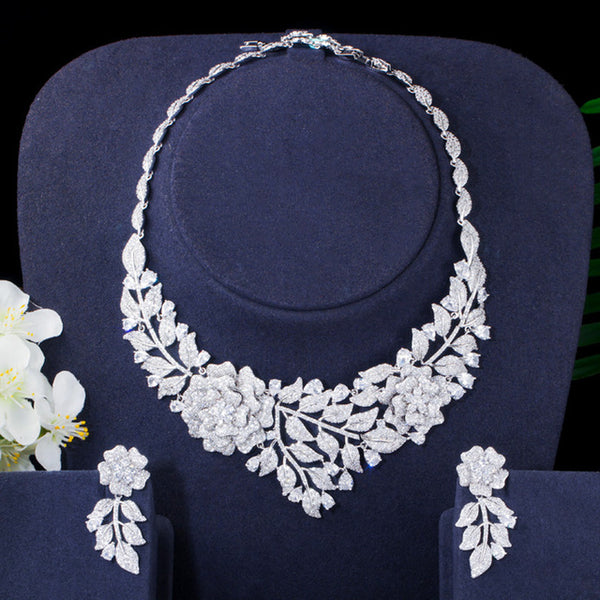 Conjunto de joyería de lujo para novia, boda y fiesta con pendientes y collar de hojas y flores grandes