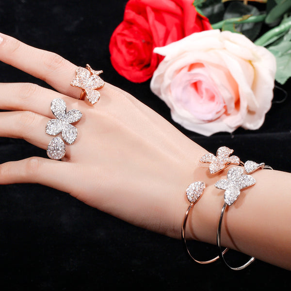 Adjustable Design Micro Pave Cubic Zirconia Leaf Shape Open Cuff Bangles and Rings Set