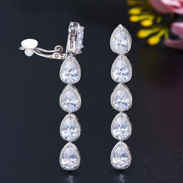 Shiny Dangle CZ Crystal Wedding Party Long Waterdrop Clip On Earrings