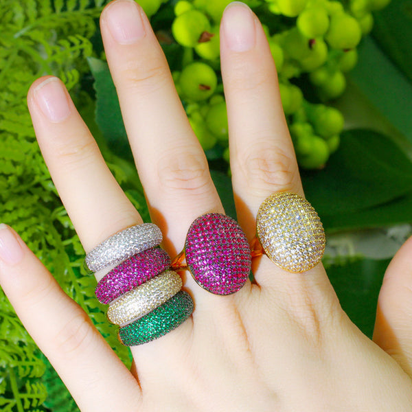 Anillos grandes, redondos, abiertos y ajustables con micro pavé de circonitas cúbicas de lujo para novias, fiestas de compromiso