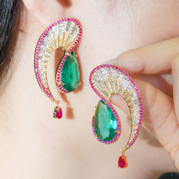 Full CZ Pave Big Geometry Wave Hanging Light Blue Water Drop Dangle Earring
