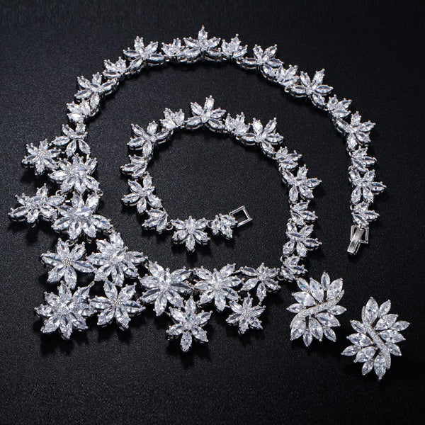 AAA+ Marquise Shape Cubic Zirconia Big Heavy Flower Drop Pendant Necklace and Earrings Set