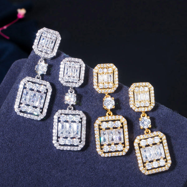 Luxury Princess Cut Shiny Cubic Zirconia Long Dubai Yellow Gold Wedding Drop Earrings
