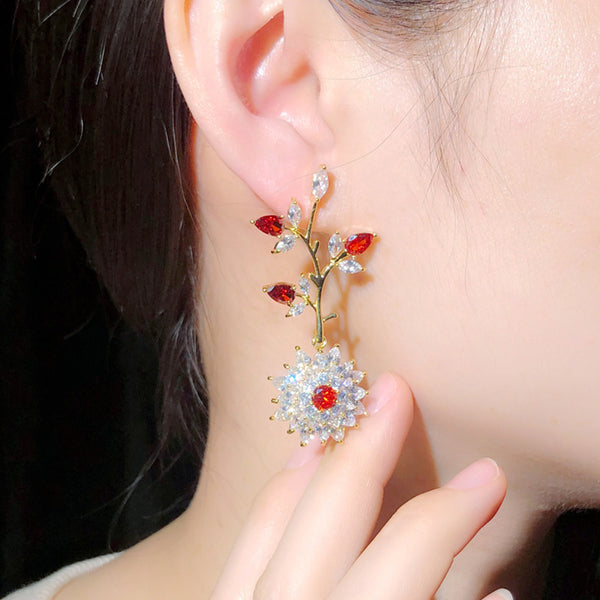 Shiny Red Cubic Zirconia Yellow Gold African Big Flower Dangle Earrings