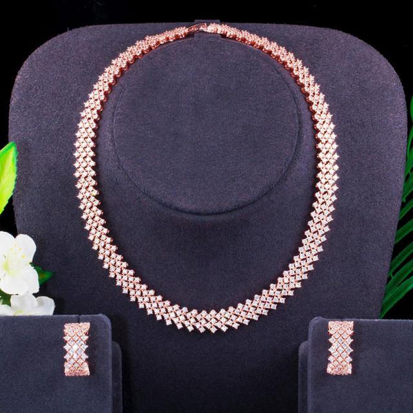 Gargantilla redonda multicapa de oro rosa 585 con circonitas cúbicas para mujer, collar de boda, pendientes, conjuntos de joyería