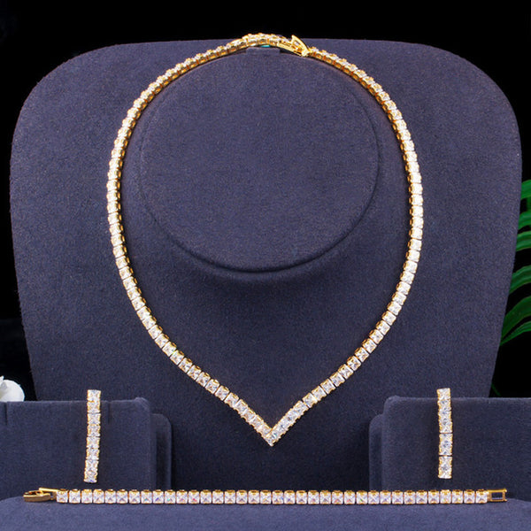 Conjunto de 3 piezas de joyería de lujo con circonitas para mujer, collar, pendientes y pulsera para fiesta de boda.