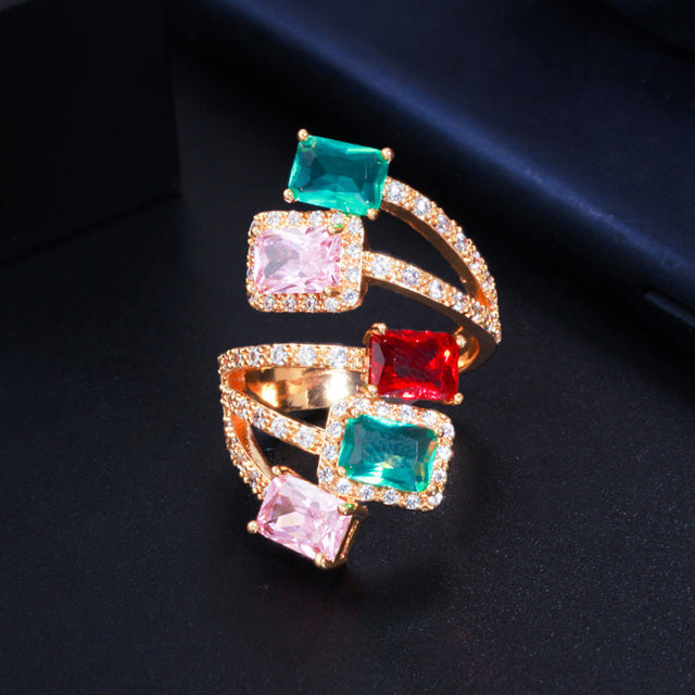 Pink Blue Square Cut CZ Stone Silver Color Big Adjustable Cocktail Party Statement Finger Rings
