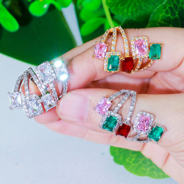 Anillos de dedo grandes, ajustables, para cóctel o fiesta, con circonita cúbica de corte cuadrado, color plata, rosa y azul